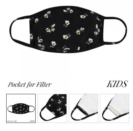 KIDS Reusable Black Floral Print T-Shirt Cloth Face Mask with Filter Insert