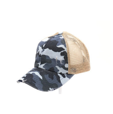 Distressed Camouflage Criss-Cross High Ponytail CC Ball Cap (2 color options)