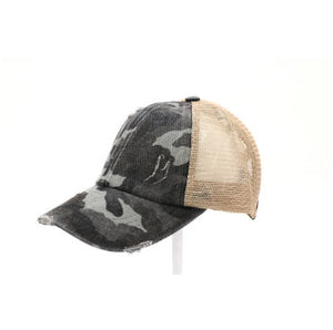 Distressed Camouflage Criss-Cross High Ponytail CC Ball Cap (2 color options)