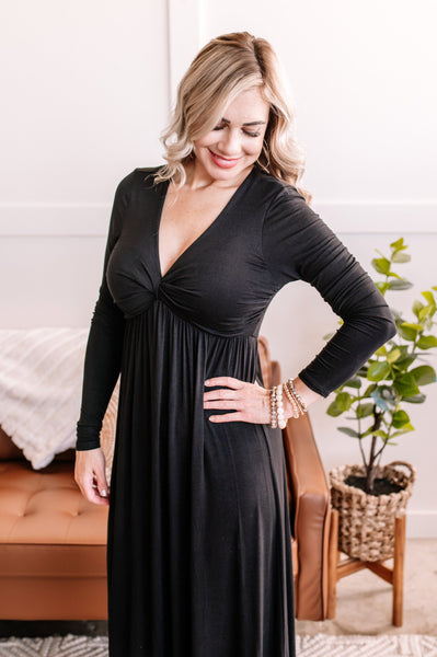 Cover Girl Twisted Front Long Sleeve Maxi Dress In Soft Black