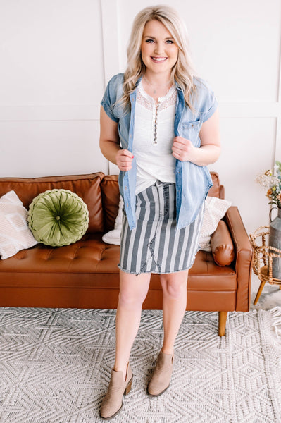 They See Me Strollin' Striped Denim Skirt in Charcoal