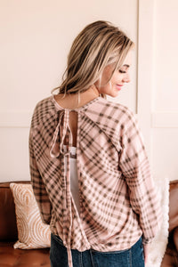 With One Hand Tie Back Top In Blush Plaid