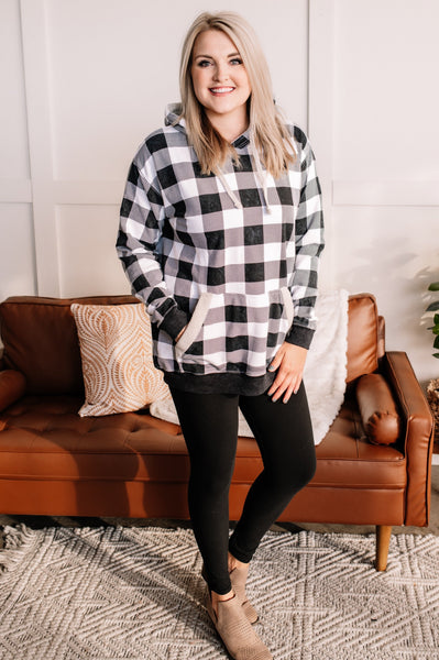 Checkered Past Plaid Sherpa Hoodie In Washed Black & White