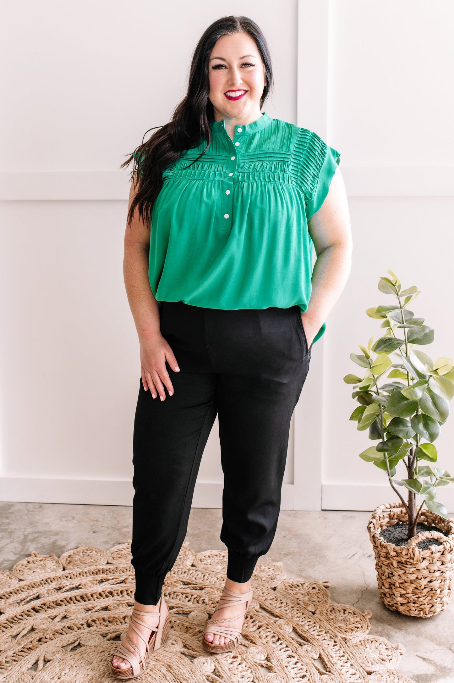 3.6 Button Front Pleated Blouse In Spring Green