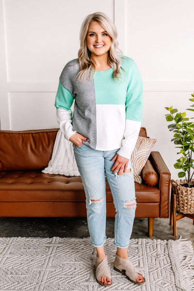 See You Later Colorblock Sweater In Mint & Gray