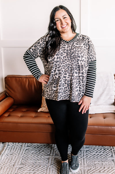 Leopard To See You Contrasting Sleeves Top