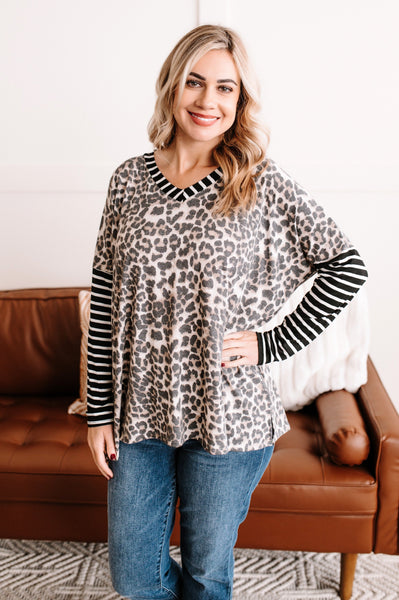 Leopard To See You Contrasting Sleeves Top