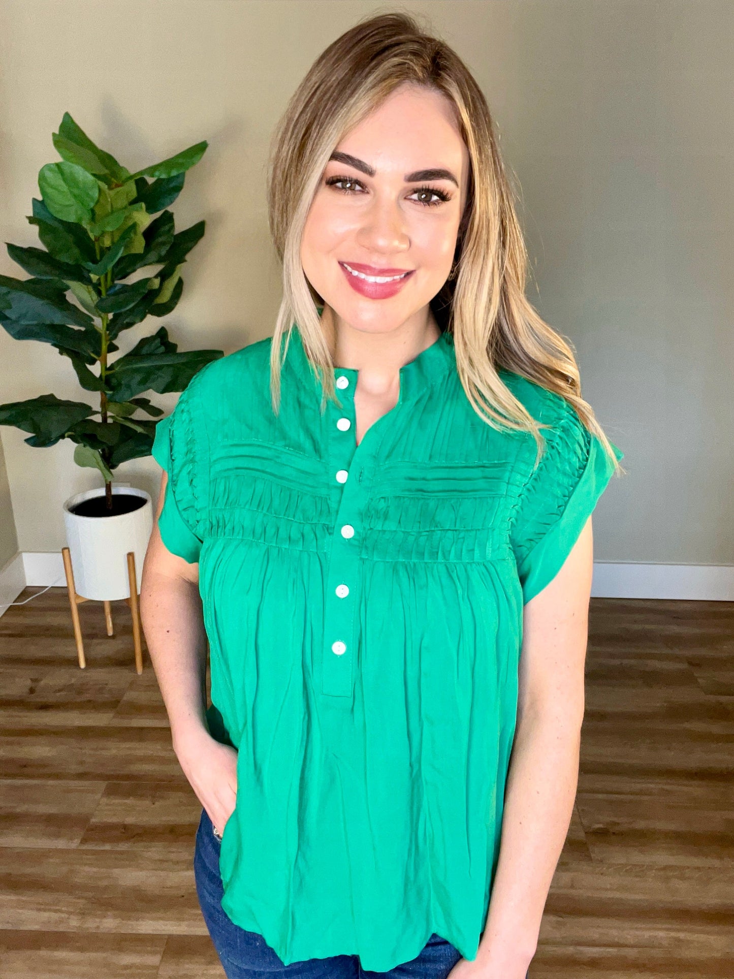 3.6 Button Front Pleated Blouse In Spring Green