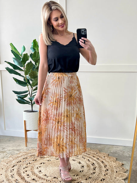Soft Neutral Pleated Skirt In Painted Florals